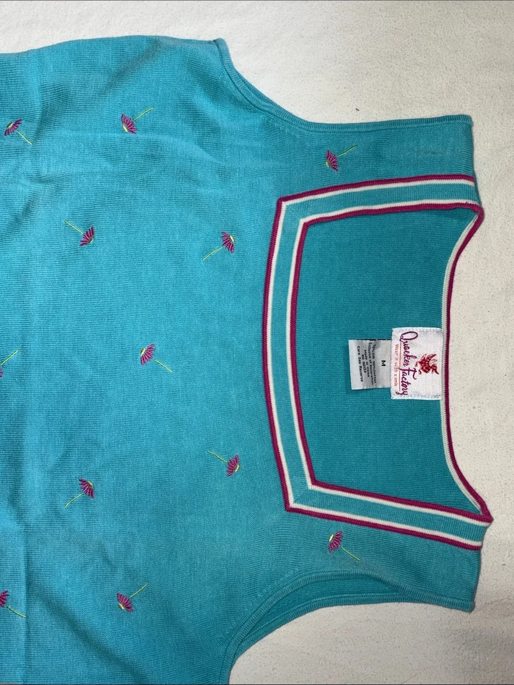 Vintage Quacker Factory Teal Floral Knit Sweater Vest Cardigan Set M